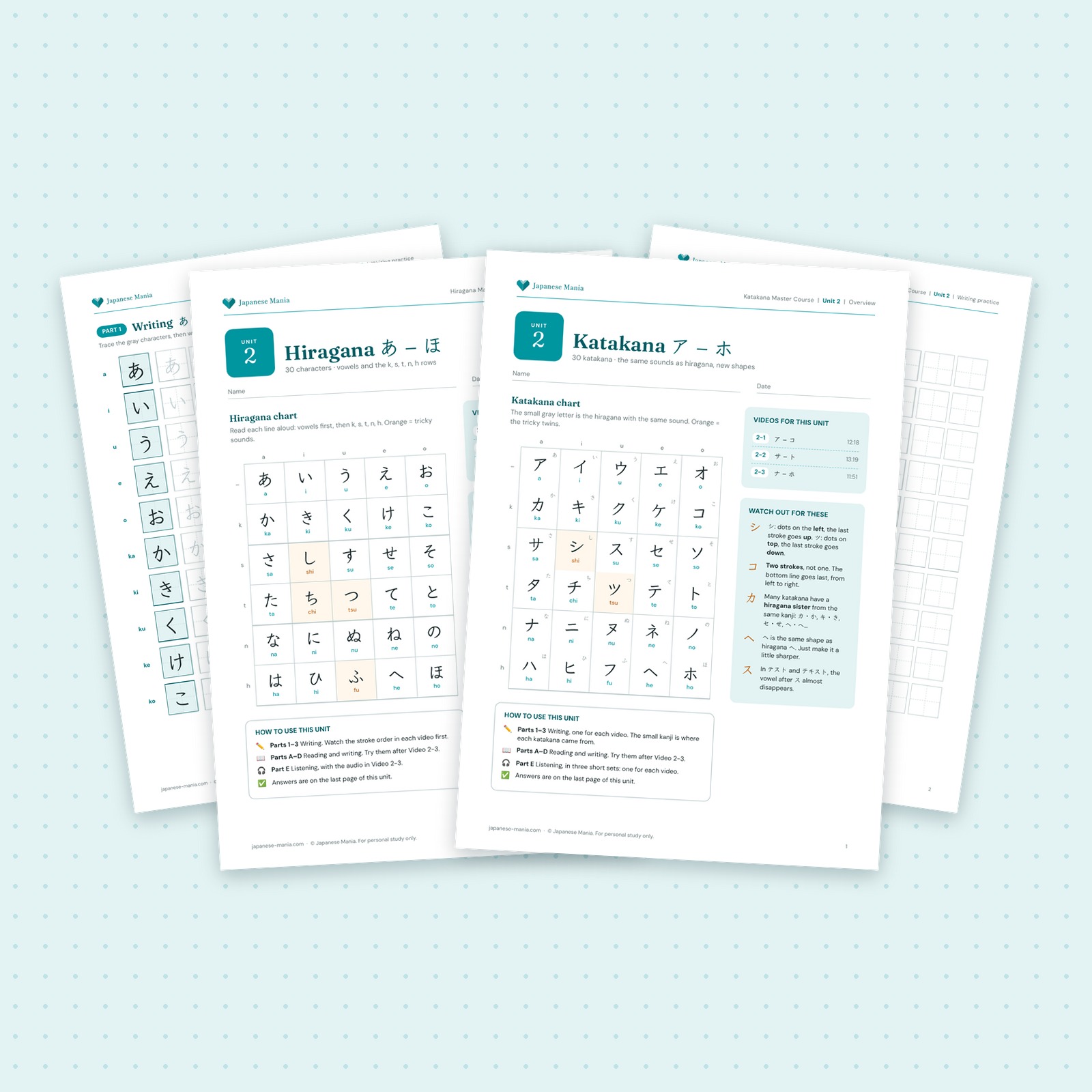 Hiragana and Katakana workbook pages